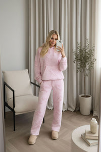 Pink Front & Back Cross Acid Wash Hooded Fleece Loungewear Co-ord Set
