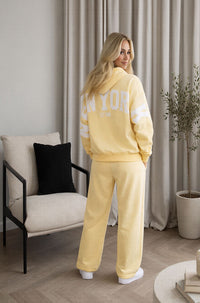 Yellow Hoodie & Sweatpants Set – Oversized Fleece “New York” Lounge Tracksuit with Wide Leg Pants
