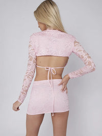Baby Pink Lace Detail 3 Piece Crop Tops & Mini Skirt Co-ord