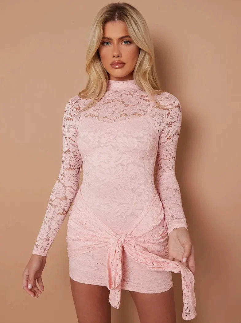 Baby Pink Lace High Neck Knot Detail Bodycon Mini Dress with Drape