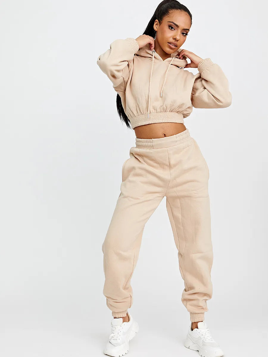 Beige Cropped Hoodie Jogger Fleece Loungewear Co ord FavouriteFashions.ie