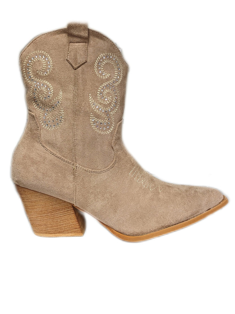 Camel Diamante Embellished Cowboy Boots with Low Flat Heel