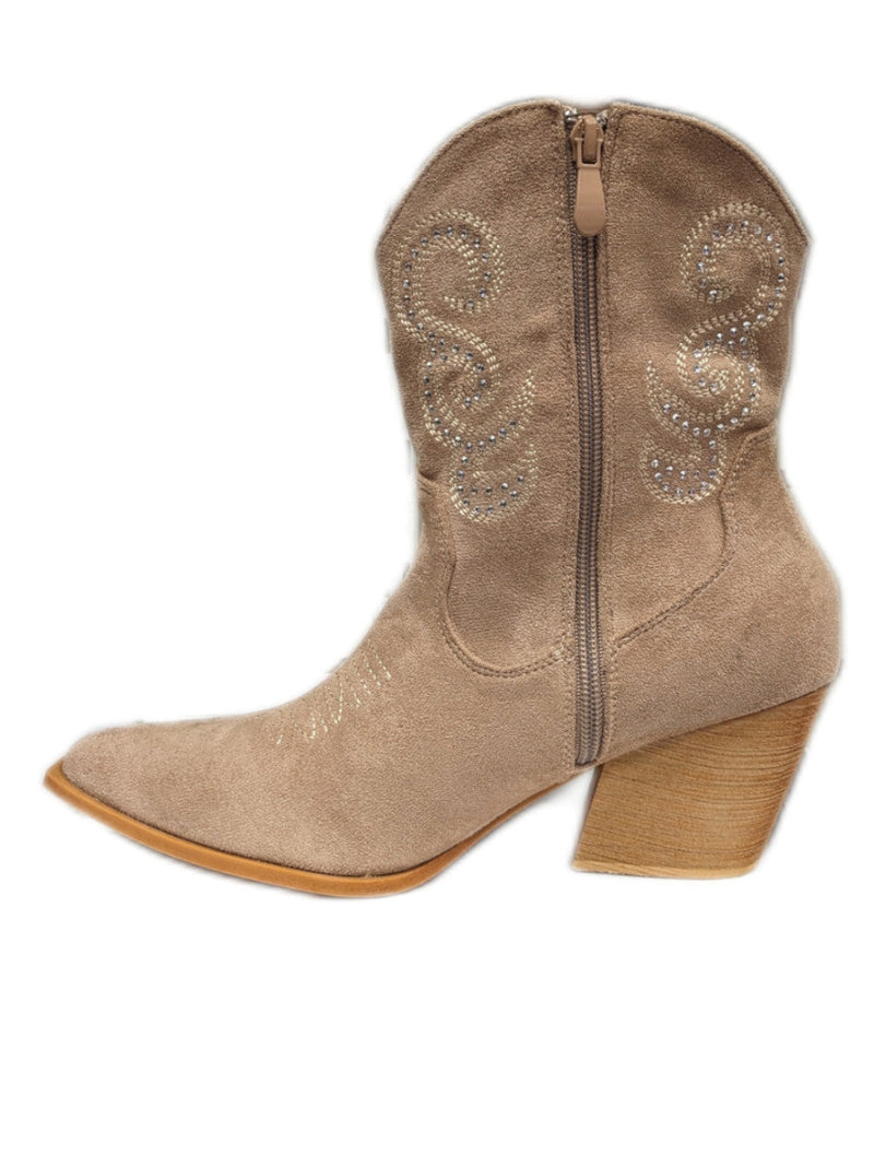 Camel Diamante Embellished Cowboy Boots with Low Flat Heel