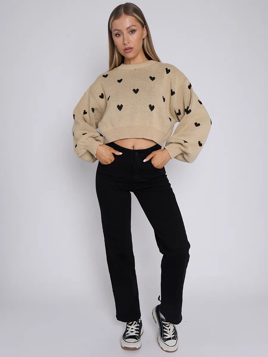 Beige Love Heart Detail Oversized Cropped Knitted Jumper FavouriteFashions.ie