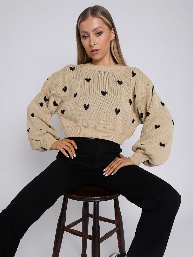 Beige Love Heart Detail Oversized Cropped Knitted Jumper