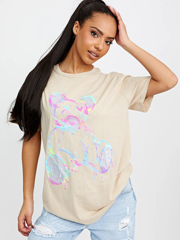 Beige Multicolour Teddy Bear Graphic Printed Oversized T-Shirt