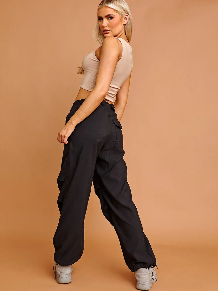 Black Baggy Balloon Cargo Trousers With Toggle Details