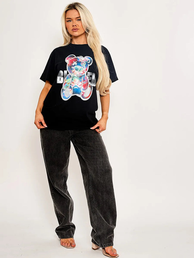 Black Blessed Teddy Bear Graphic Printed T-Shirt