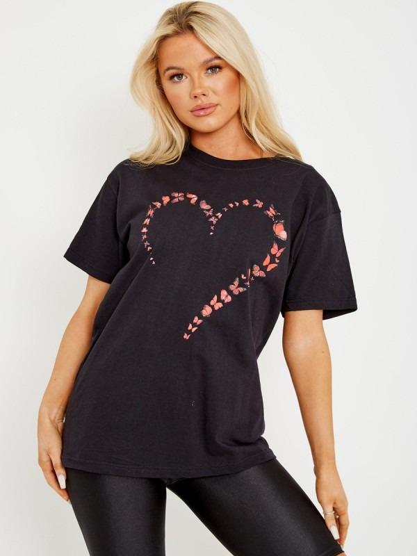 Black Butterfly Heart Graphic T-Shirt