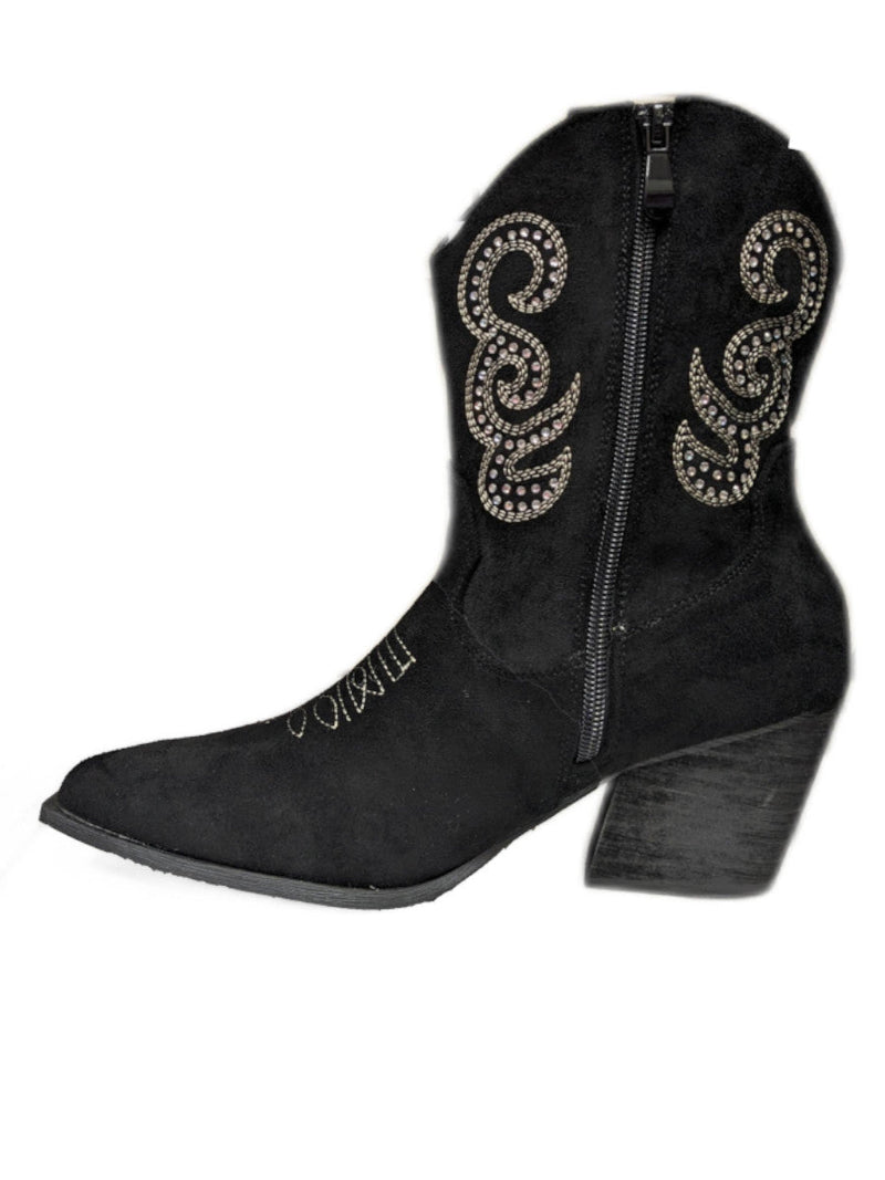 Black Diamante Embellished Cowboy Boots with Low Flat Heel