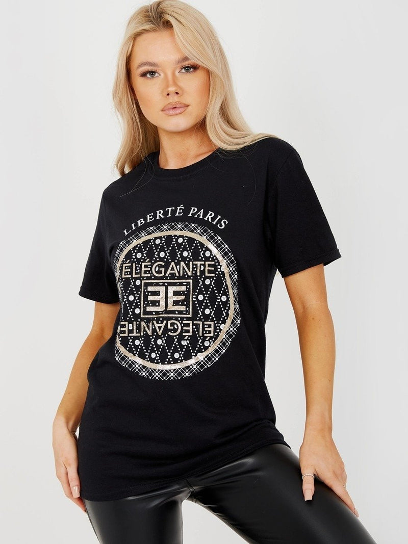 Black Elegante Glitter Graphic T-Shirt