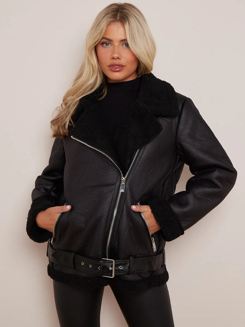 Black Faux Leather Lined Belted Aviator Jacket