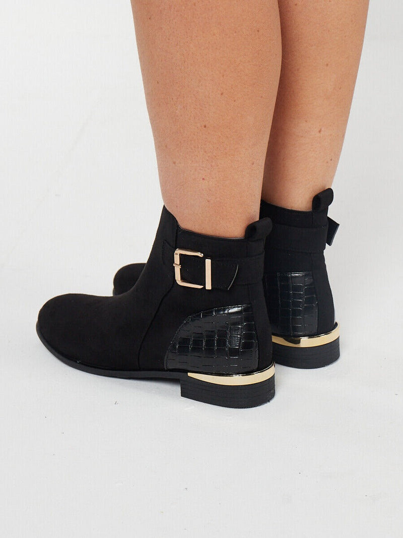 Black Faux Suede Buckle Ankle Boot