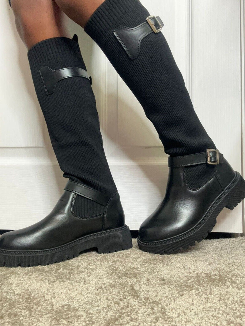Black Knee High Buckle Detail Sock Chunky Boots