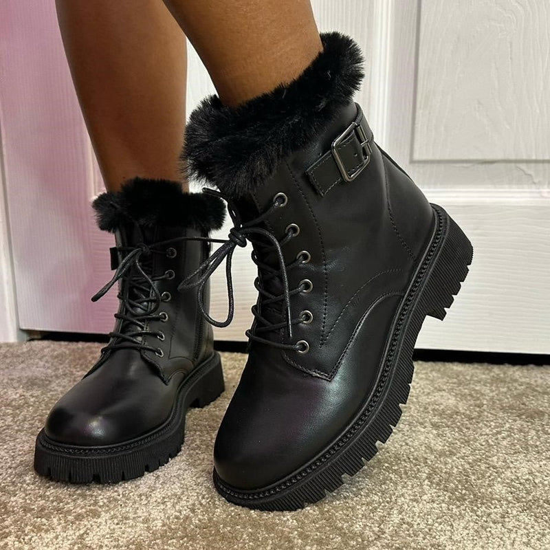 Black Lace Up Chunky Fur Ankle Boots