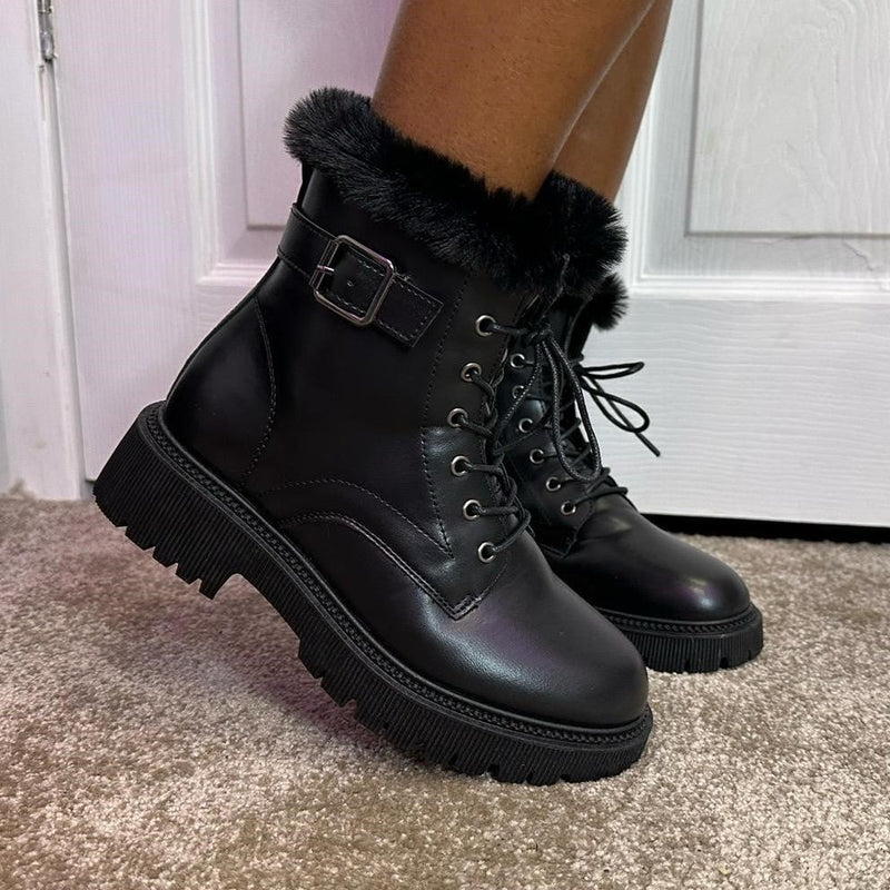 Black Lace Up Chunky Fur Ankle Boots