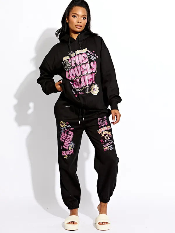 Black Lovely Club Graphic Hoodie & Jogger Fleece Loungewear Co-ord
