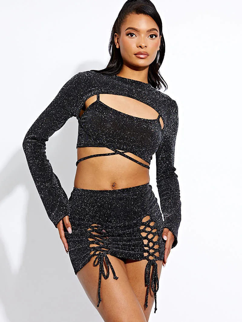 Black Lurex 3 Piece Crop Top & Lace Up Mini Skirt Co-ord Set