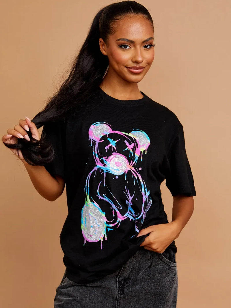 Black Multicolour Teddy Bear Graphic Printed Oversized T-Shirt