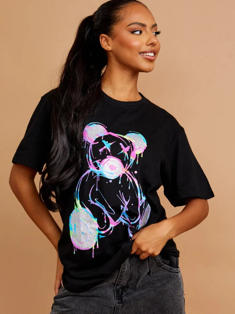Black Multicolour Teddy Bear Graphic Printed Oversized T Shirt