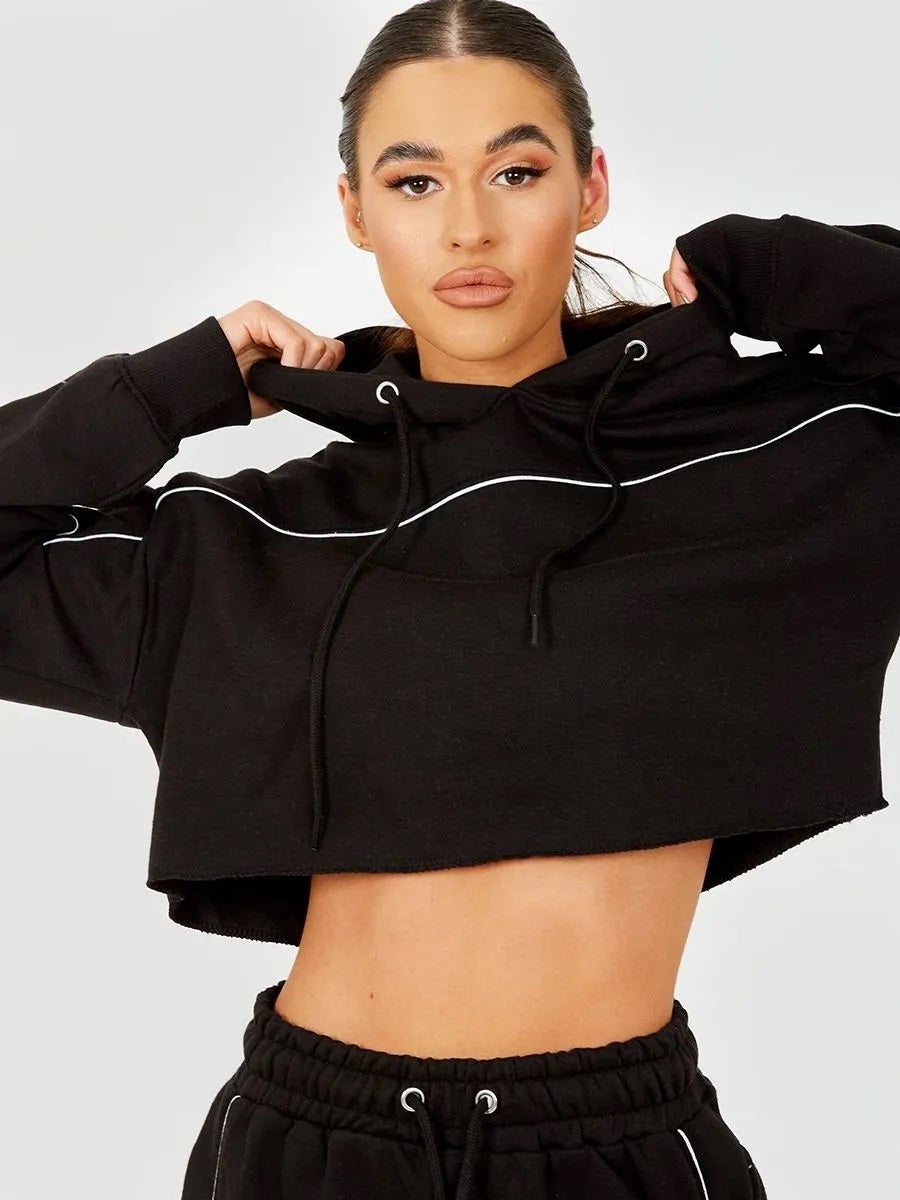 Black Piping Detail Cropped Hoodie Jogger Co Ord Set