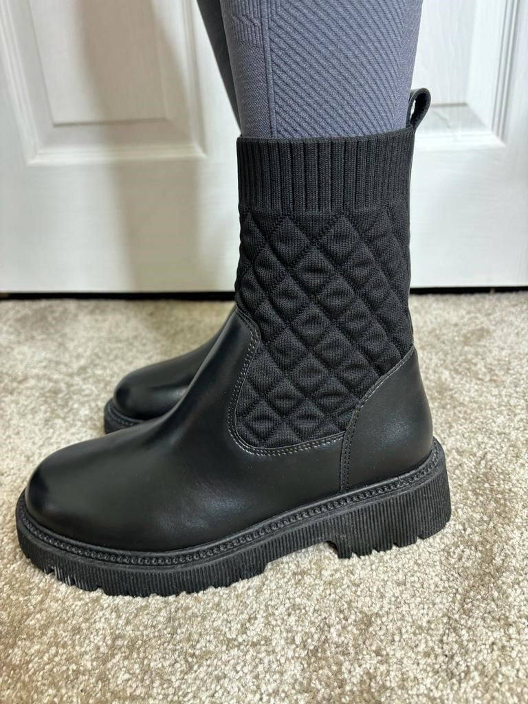 Black Slip On Quilted Chunky Ankle Boots