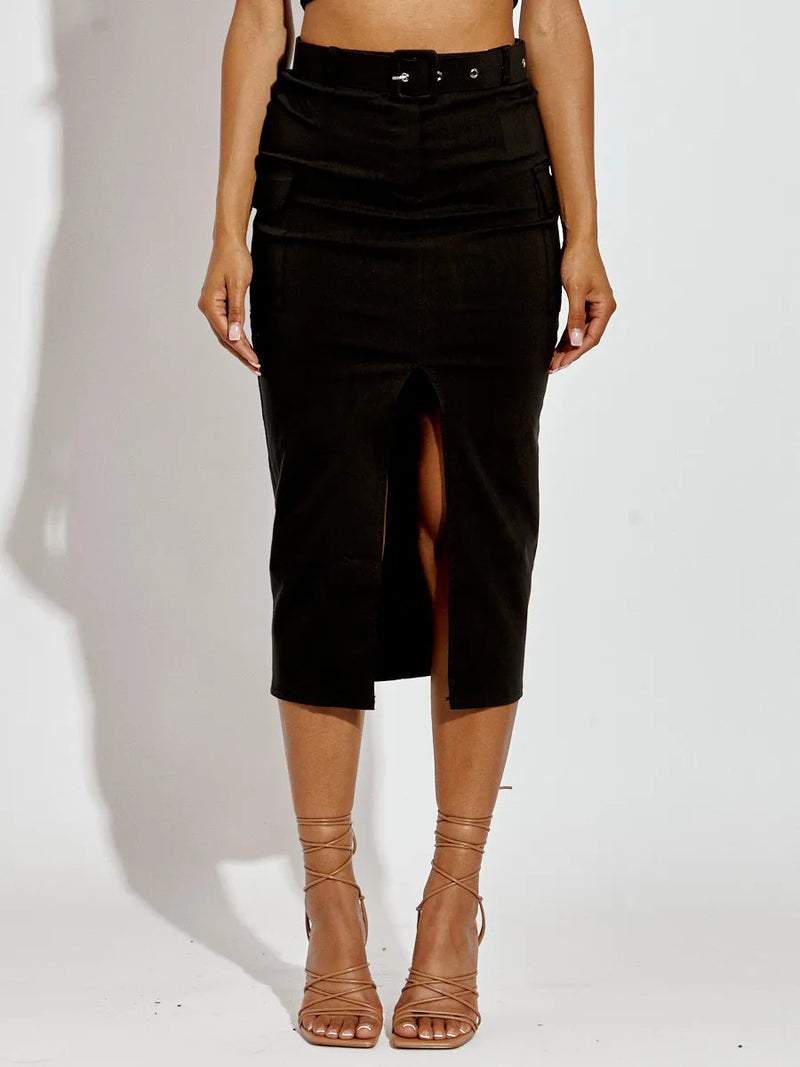 Black Slit Cargo Style Midi Skirt With Matching Belt