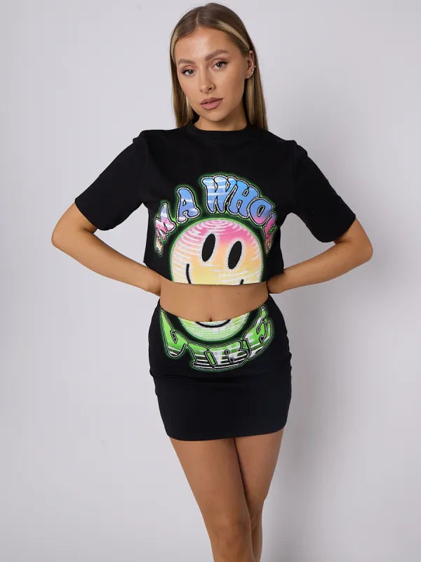 Black Smiley Graphic Crop Top & Skirt Co-Ord