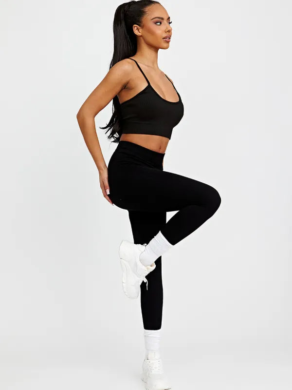 Black Super Stretchy Thick Ribbed High Waisted Gym Seamless Leggings