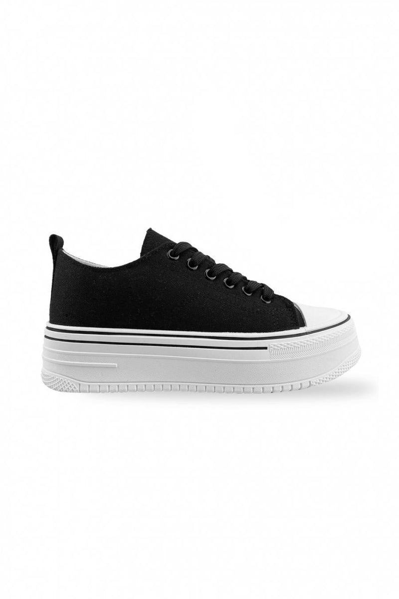 Black Thick Chunky Platform Lace Up Canvas Trainers