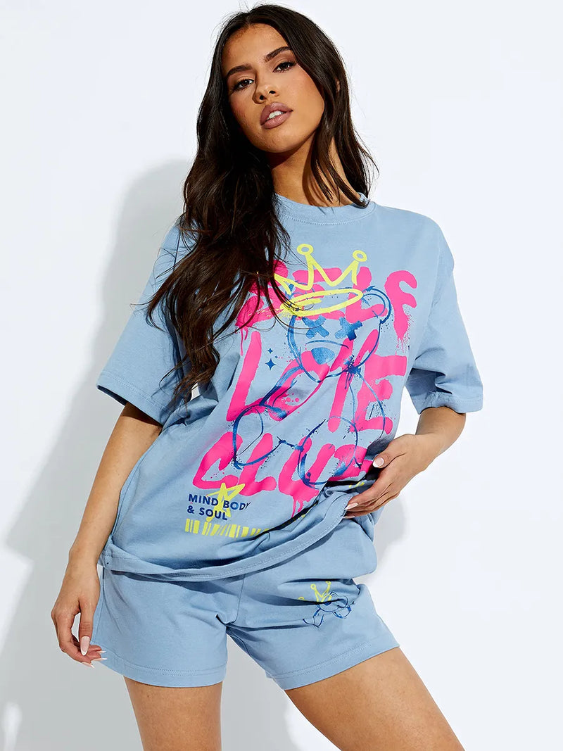 Blue Self Love Club Oversized T-Shirt & Shorts Co-ord