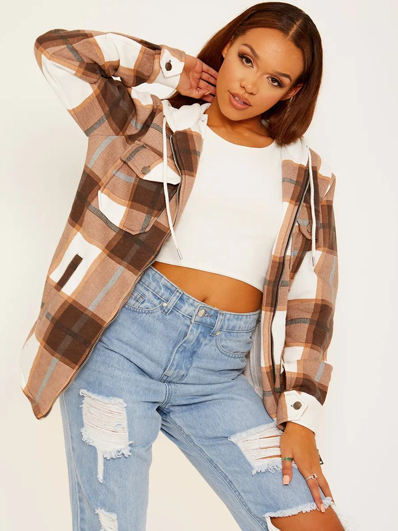 Brown Check Jacket Shacket With Hood