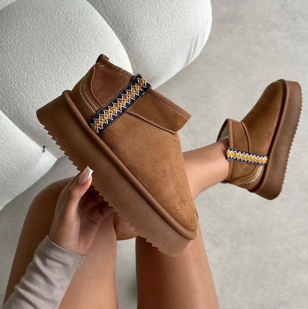 Camel Aztec Detail Chunky Platform Sole Fur Lined Ankle Boots