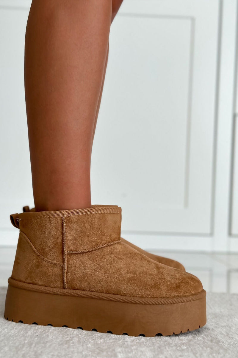 Camel Chunky Platform Fur Lined Ankle Snugg Mini Boots