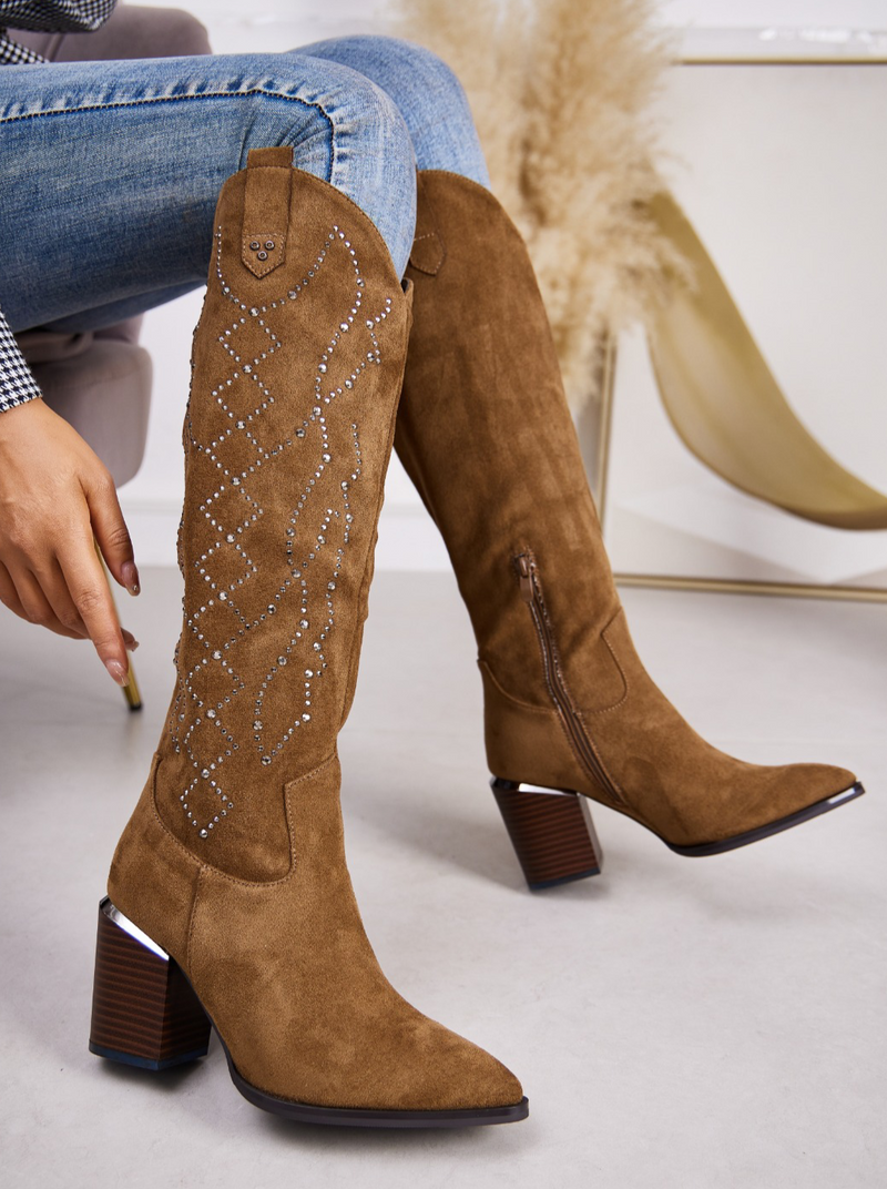 Camel Faux Suede Diamante Embellished Knee High Cowboy Western Boots