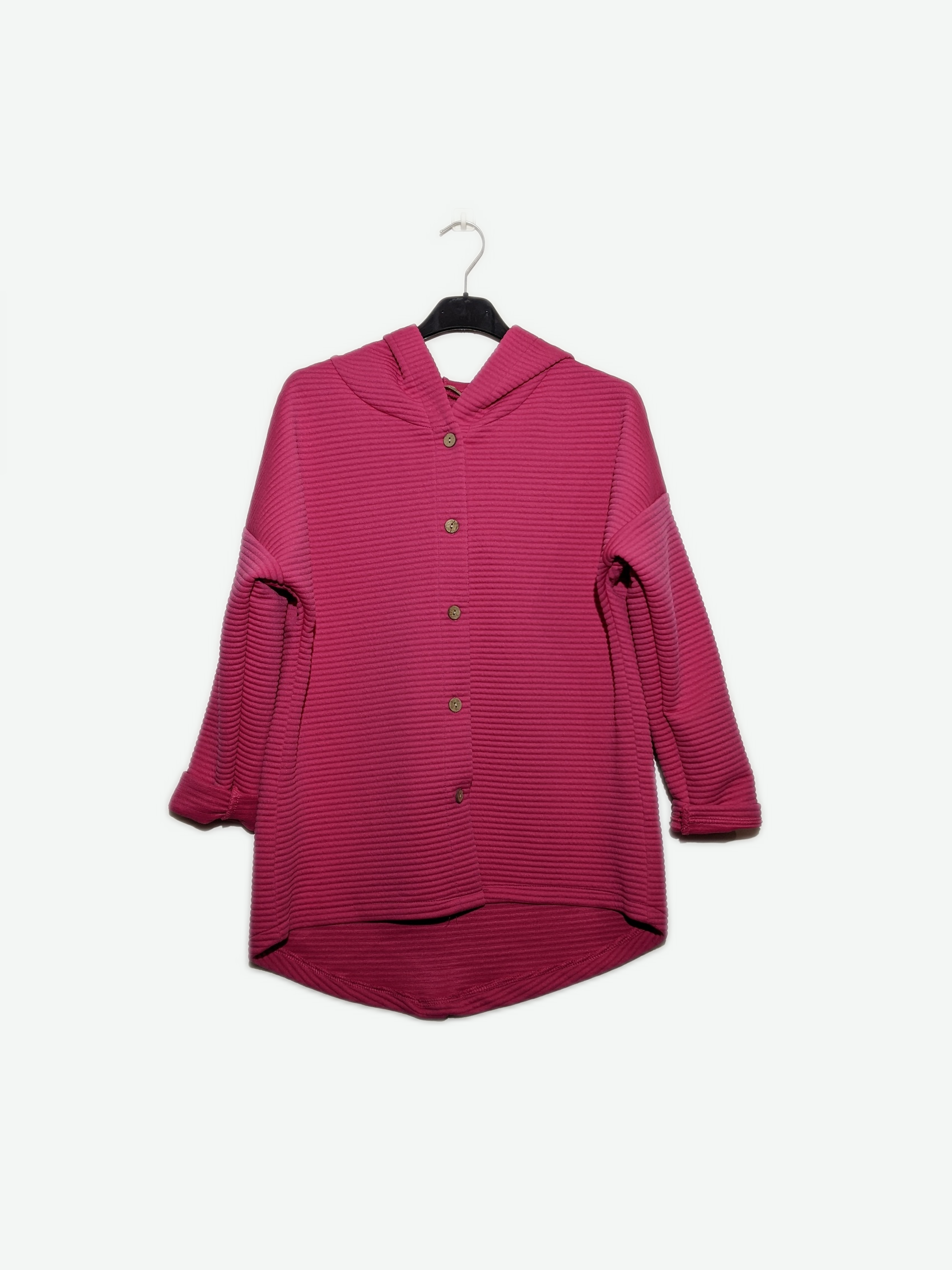Cerise Pink Ribbed Lightweight Button Hooded Jacket FavouriteFashions.ie