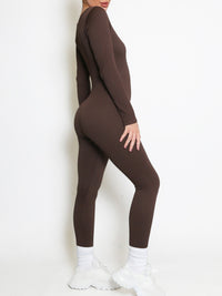 Chocolate Brown Long Sleeves Ribbed Seamless Jumpsuit Unitard