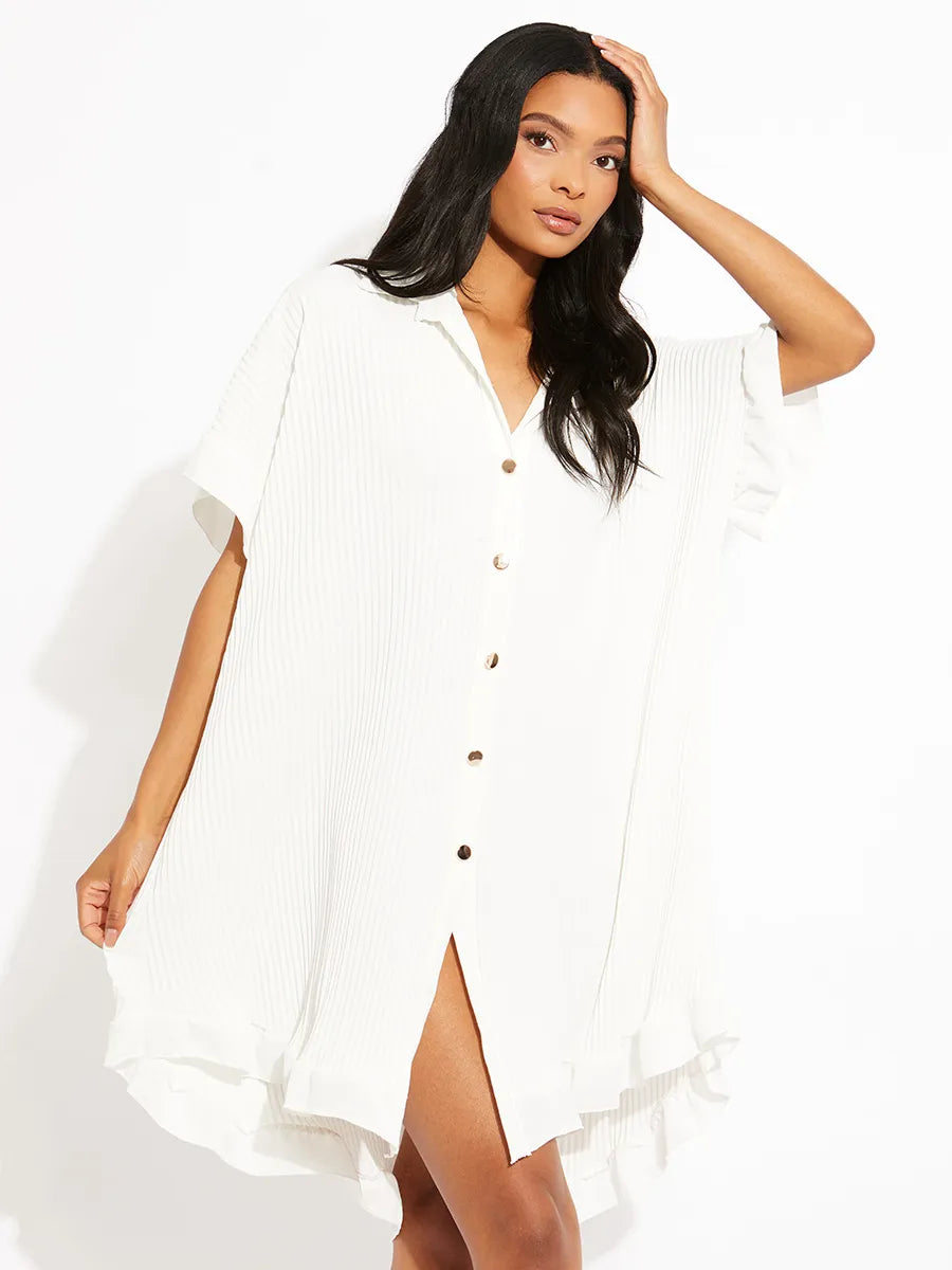 Cream Crinkle Pleated Gold Button Frill Plisse Shirt Dress