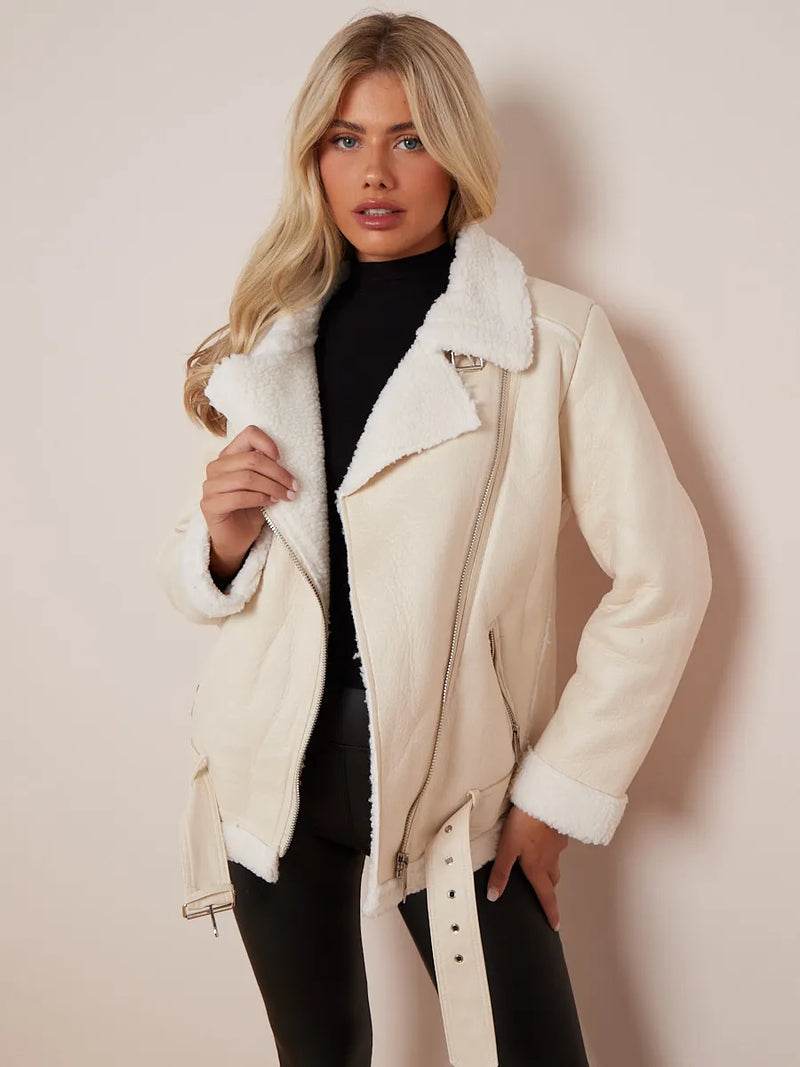 Cream Faux Leather Lined Belted Aviator Jacket