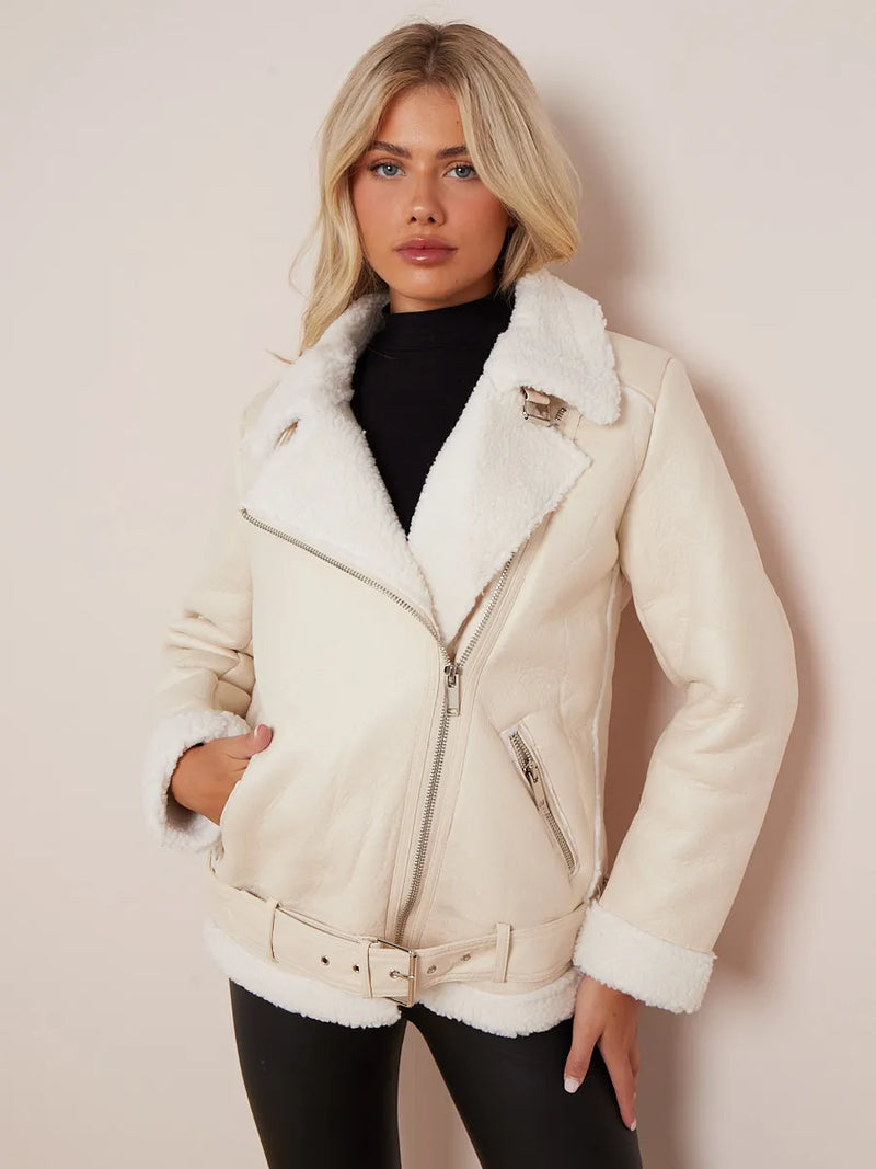 Cream Faux Leather Lined Belted Aviator Jacket