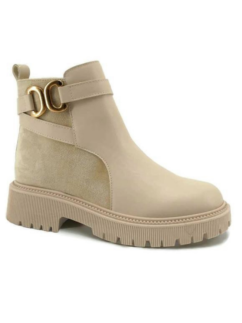 Cream Gold Buckle Ankle Boots
