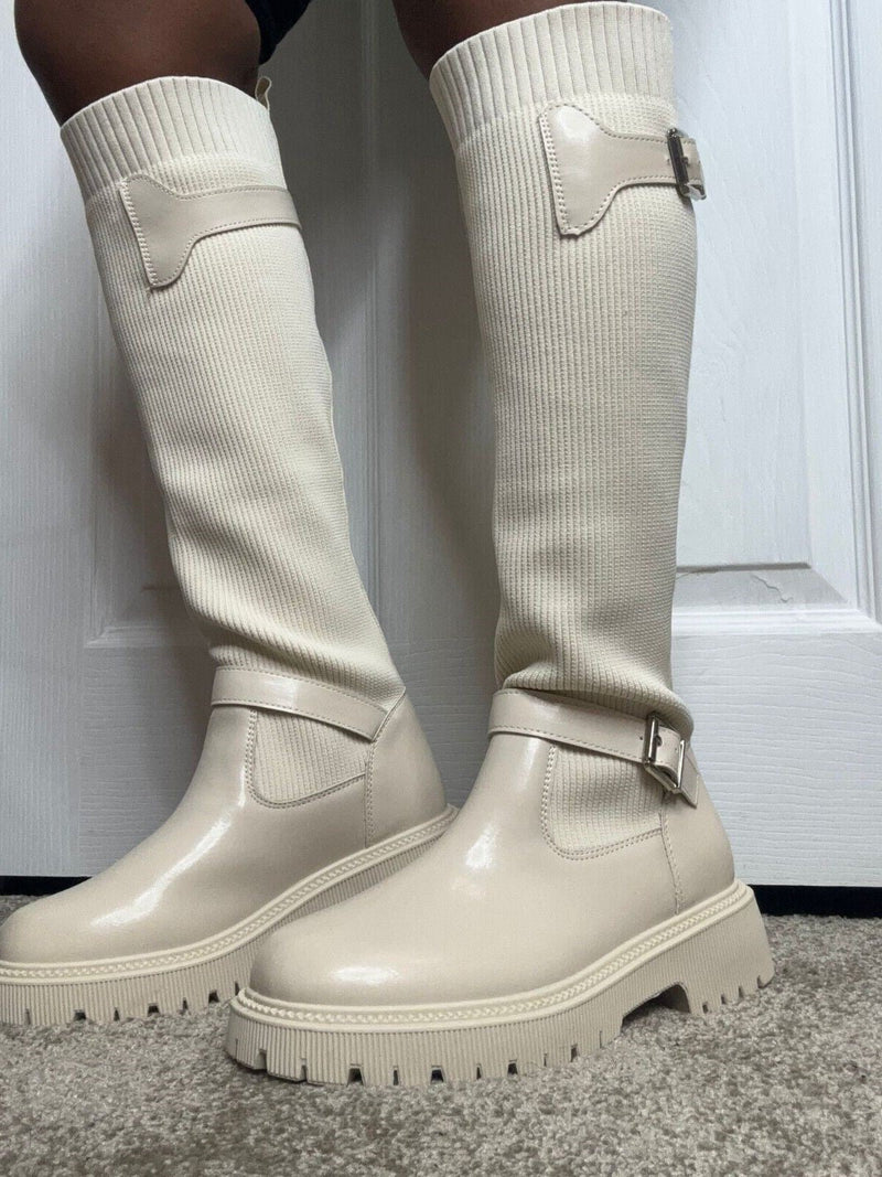 Cream Knee High Buckle Detail Sock Chunky Boots