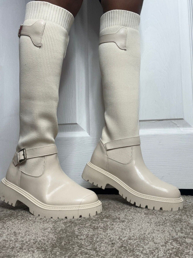 Cream Knee High Buckle Detail Sock Chunky Boots