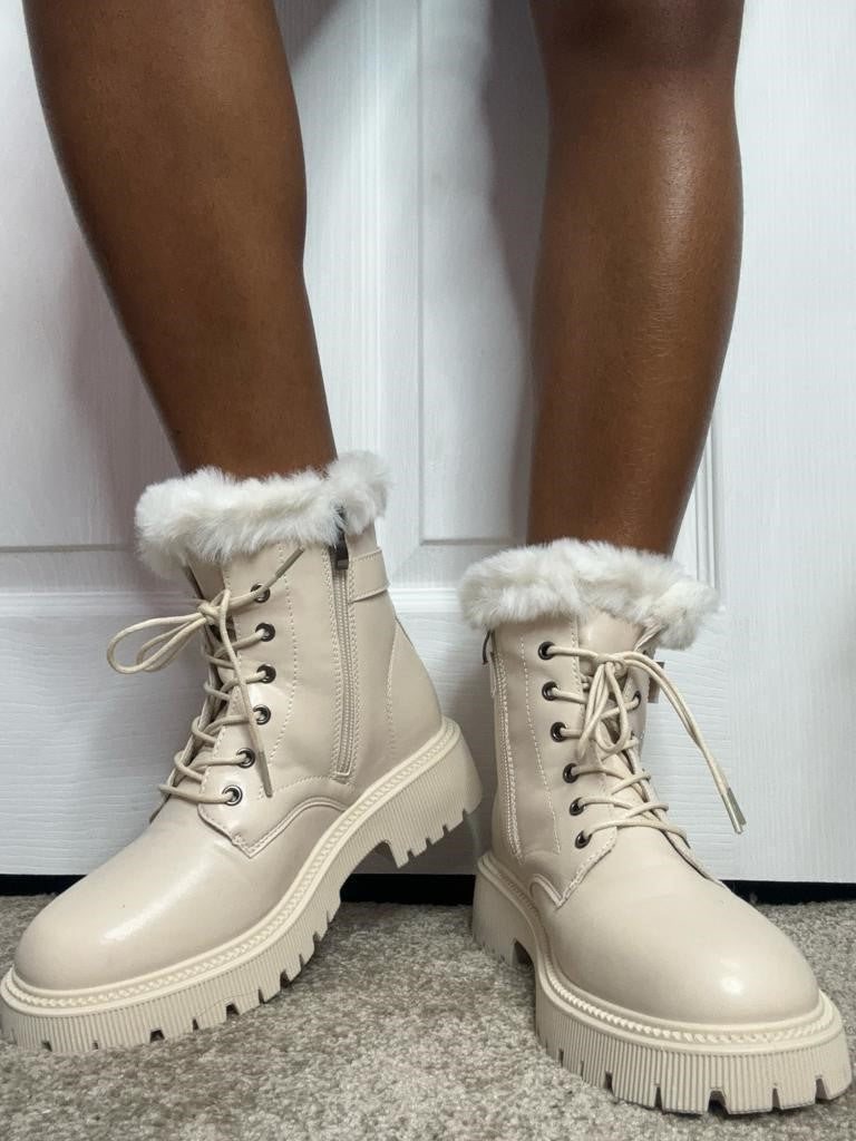 Cream Lace Up Chunky Fur Ankle Boots