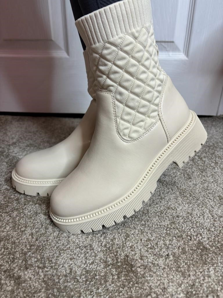Cream Slip On Quilted Chunky Ankle Boots