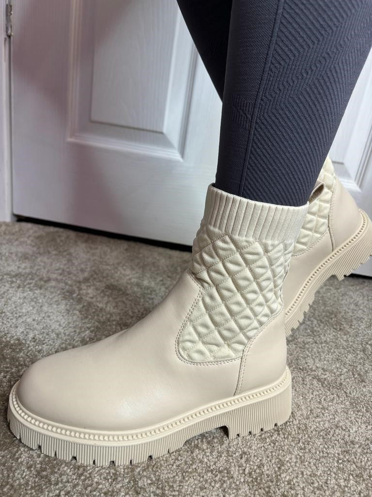 Cream Slip On Quilted Chunky Ankle Boots