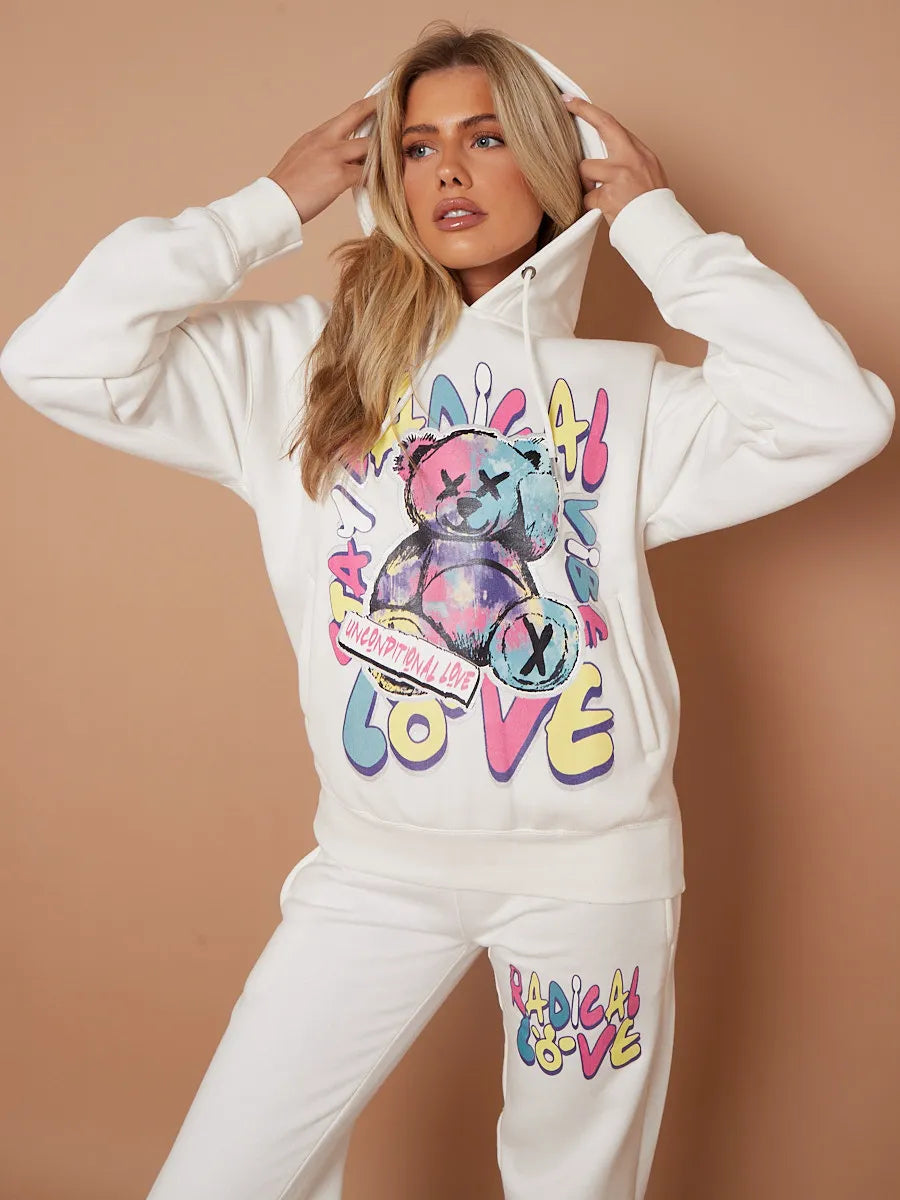 Cream Teddy Bear Oversized Hoodie Jogger Graphic Loungewear Co ord FavouriteFashions.ie