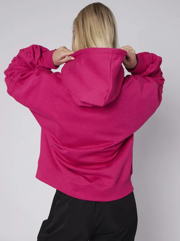 Fuchsia Pink Ribbon Drawstring Ruched Sleeves Fleeced Hoodie