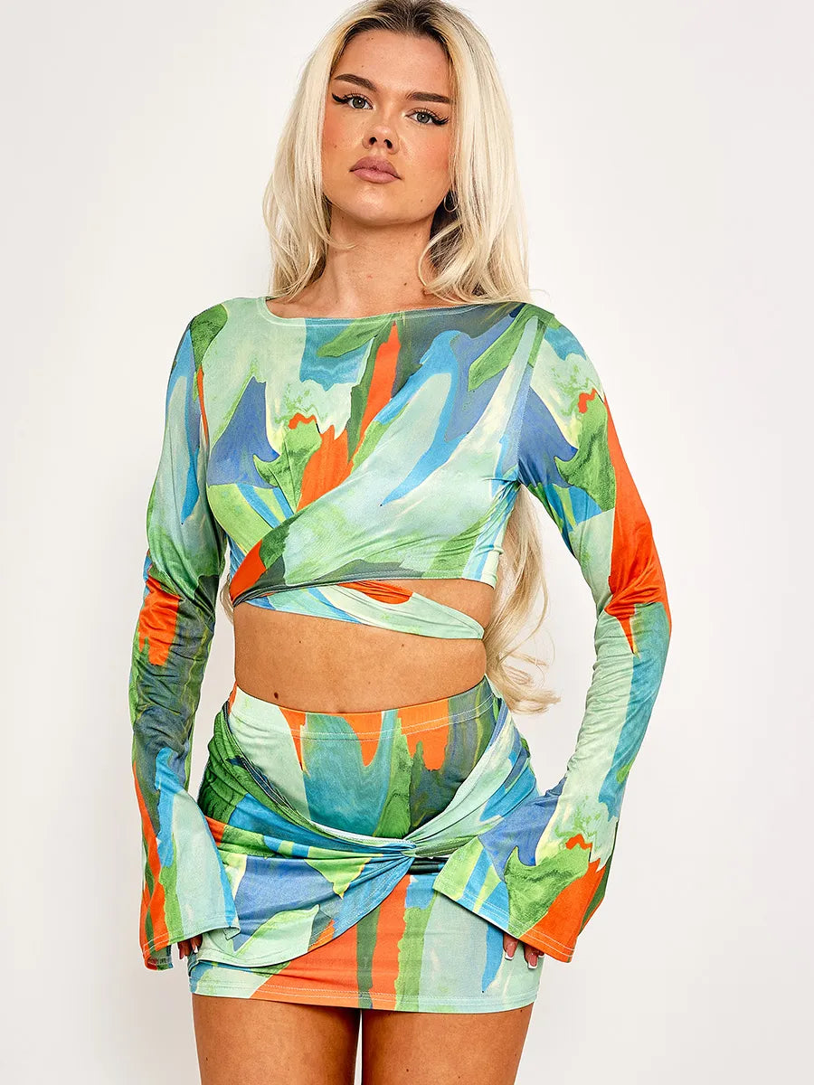 Green Printed Wrap Over Crop Top & Knotted Skirt Co-ord Set