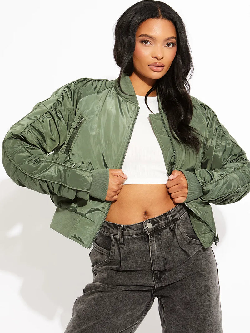 Green Ruched Sleeves Zipped Bomber Jacket